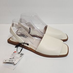 NWT Zara Flat White Leather Slider Sandals With Heel Strap Size EU 38 Stud Detai